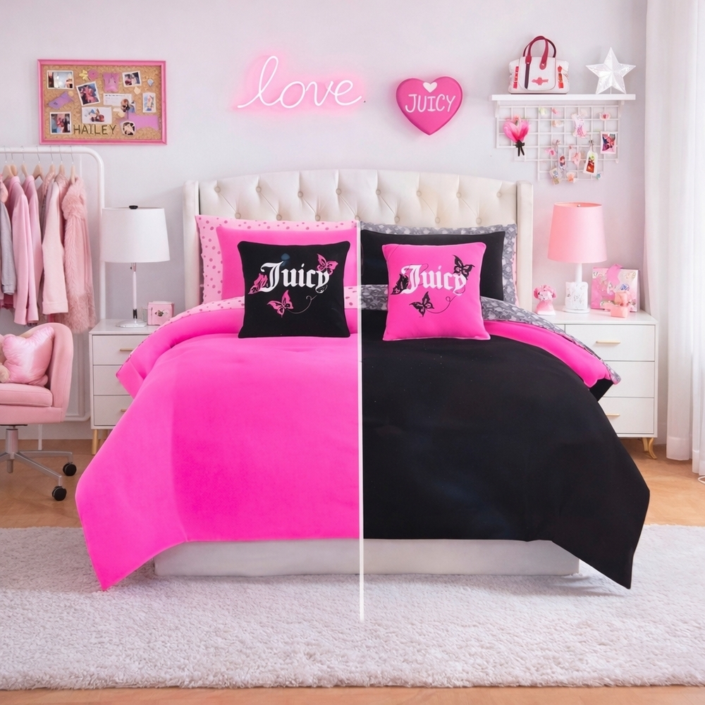 Juicy Couture 6 Piece Reversible Comforter Bed Set Pink & Black / Leopard - New